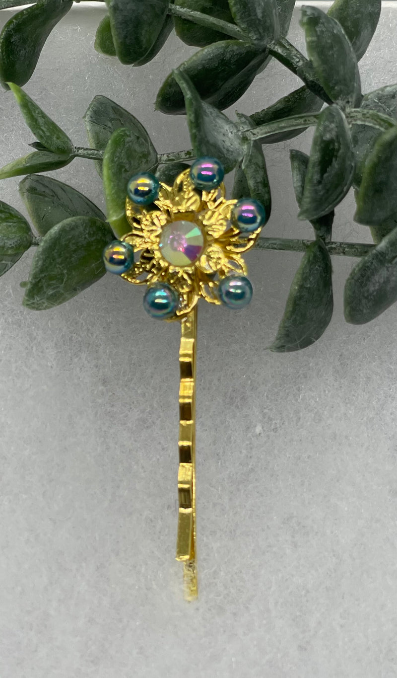 iridescent Teal crystal Gold Antique vintage Style approximately 3.0” flower hair pin wedding engagement bride princess