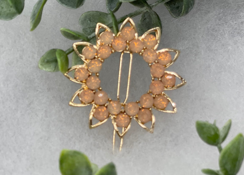 Peach crystal rhinestone sunflower approximately 2.5” barrette Gold vintage style bridal Wedding shower