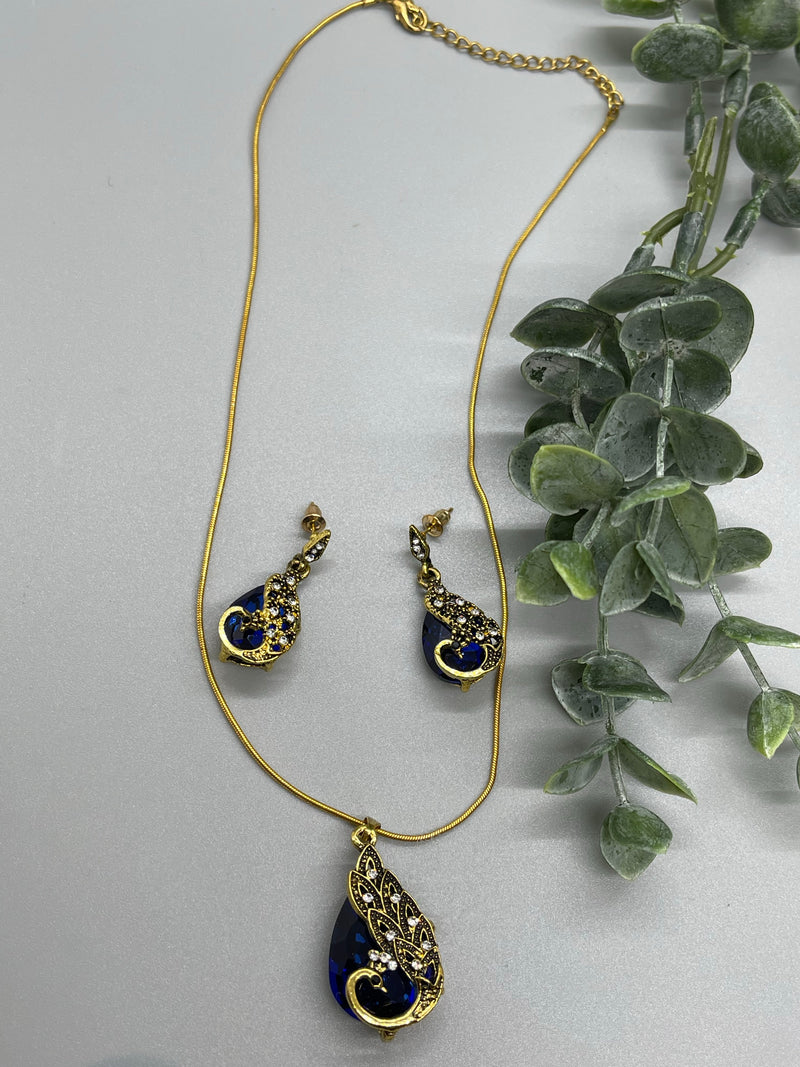 Royal blue Crystal peacock necklace earrings set