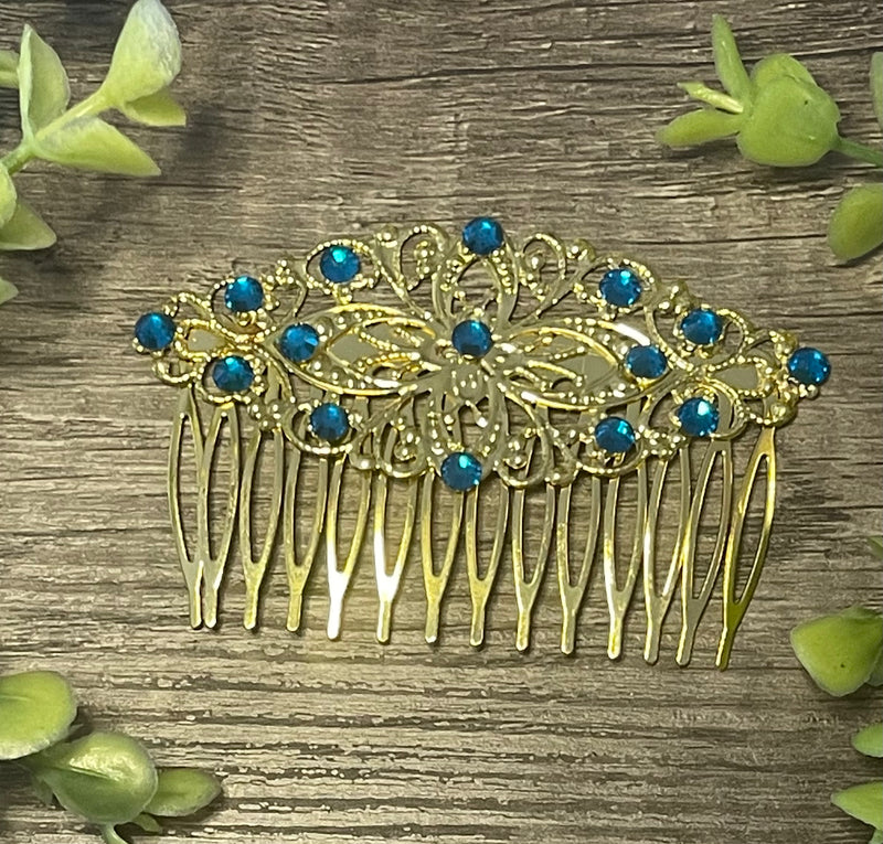 Sapphire teal crystal rhinestone Comb on 3.5” Gold Metal Hair Comb accessory Handmade Retro Bridal Party Prom