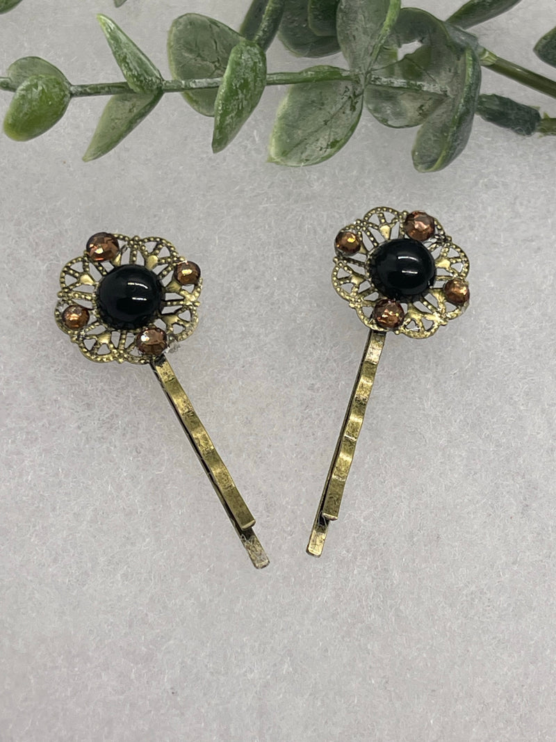 Black brown faux pearl 2 pc set Antique vintage Style approximately 3.0” flower hair pin wedding engageme