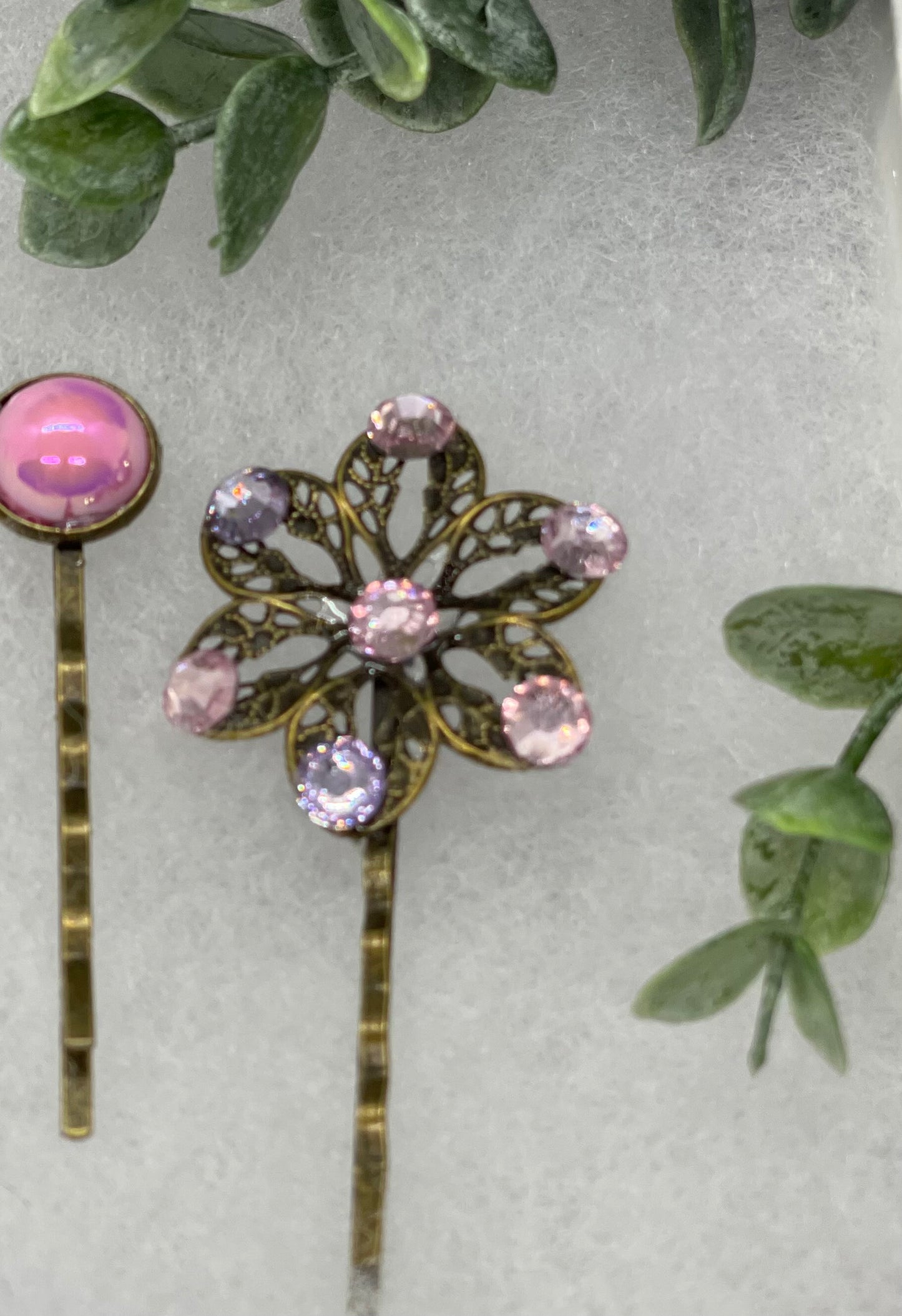Pink purple crystal pearl  2 pc set Antique vintage Style approximately 3.0” flower hair pin wedding engagement bride princess formal hair accessor