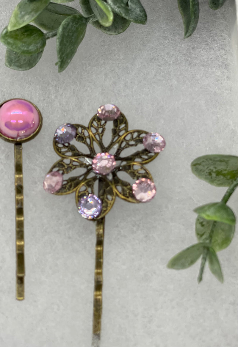 Pink purple crystal pearl  2 pc set Antique vintage Style approximately 3.0” flower hair pin wedding engagement bride princess formal hair accessor