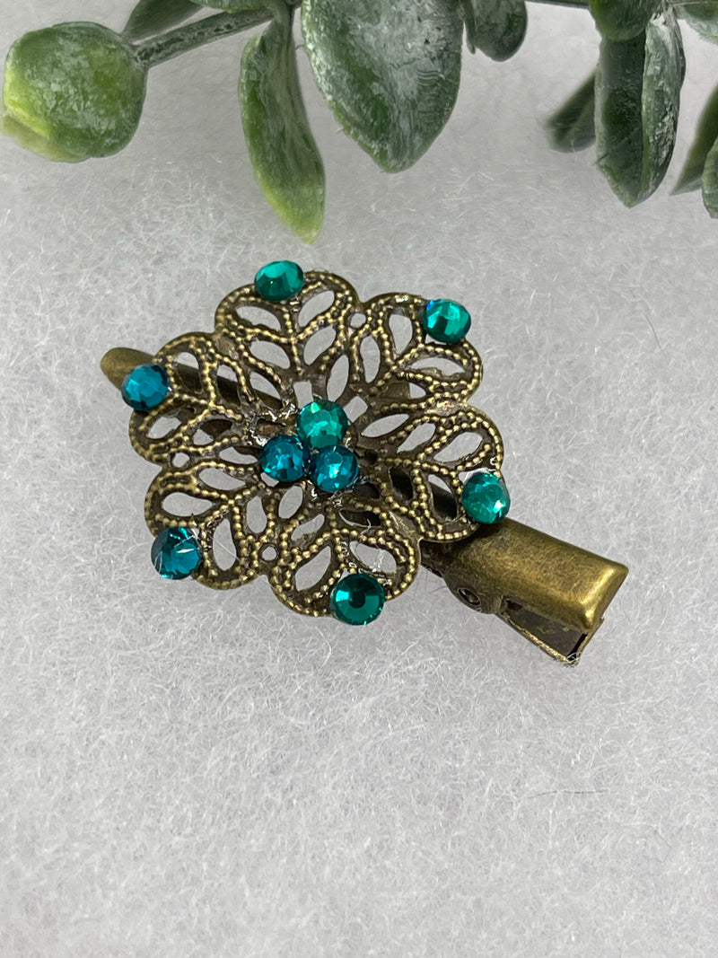 Teal crystal rhinestone  flower 2.0”alligator clip  Antique vintage style bridal Wedding shower sweet 16 birthday princess bridesmaid hair accessory