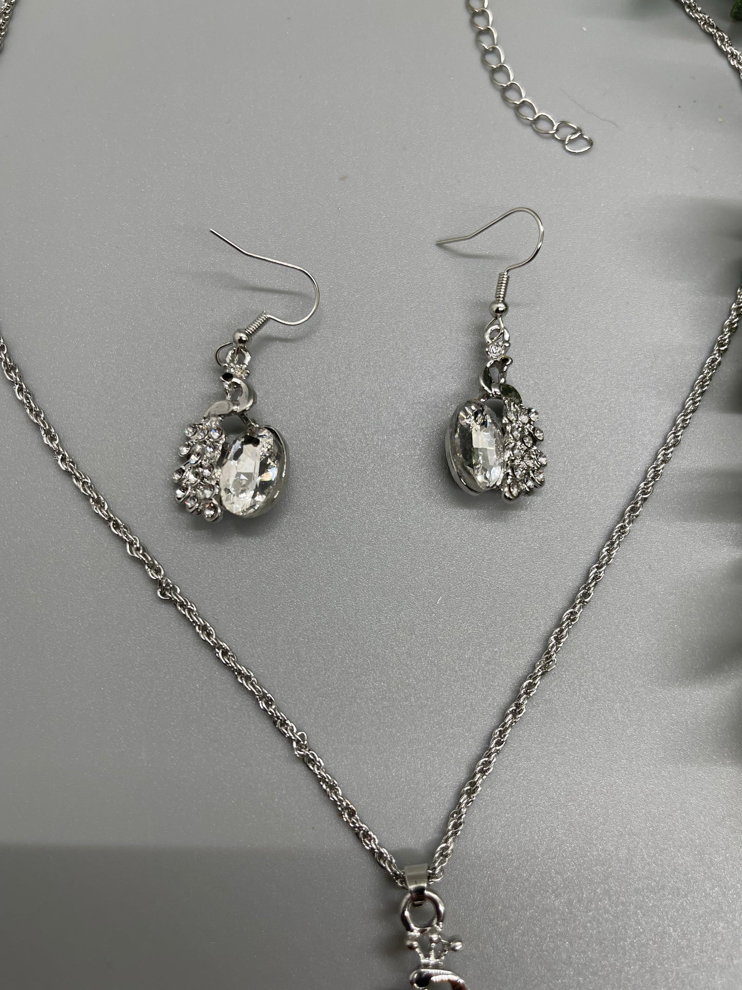 Crystal rhinestone peacock silver necklace earrings  set bridesmaid gifts mother of the bride groom princess birthday gifts