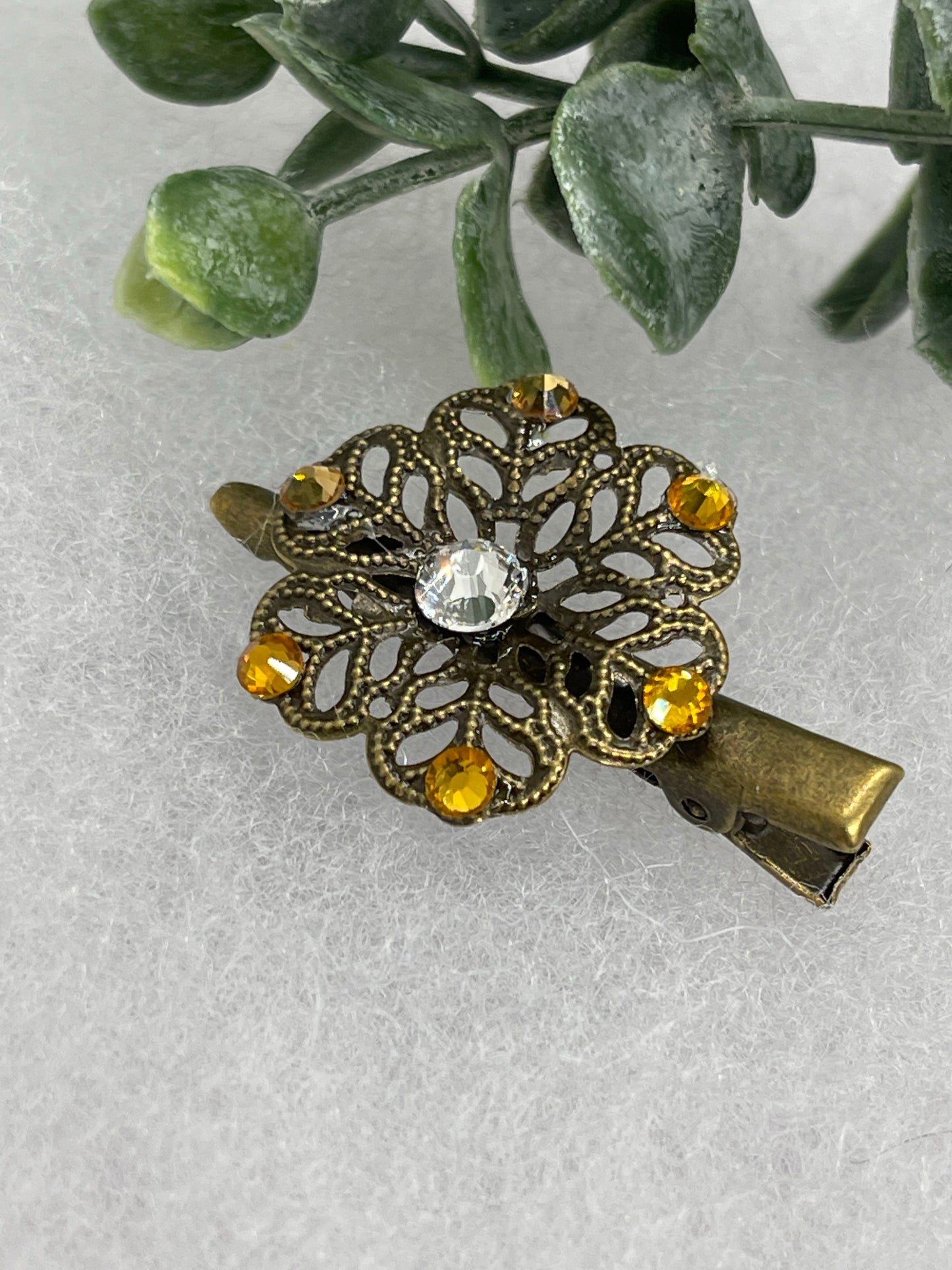 Yellow crystal rhinestone flower 2.0”alligator clip Antique vintage style bridal Wedding shower sweet 16 birthday princess bridesmaid hair accessory