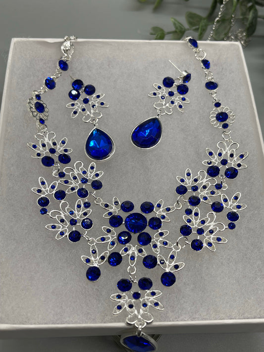 Royal Blue crystal Rhinestone necklace earrings set