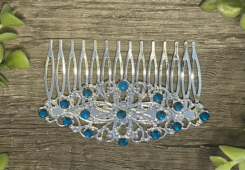 Sapphire teal crystal rhinestone Comb on 3.5” silver Metal Hair Comb accessory Handmade Retro Bridal Prom