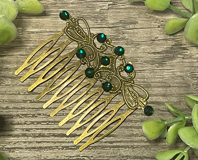 Emerald green Vintage Style Crystal Rhinestone 2.5” antique tone Metal side Comb bridal accessories handmade by hairdazzzel wedding accessory