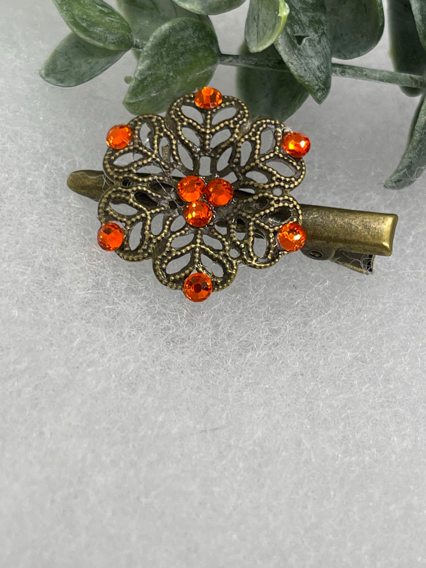 Orange crystal rhinestone flower 2.0”alligator clip Antique vintage style bridal Wedding shower sweet 16 birthday princess bridesmaid hair accessory