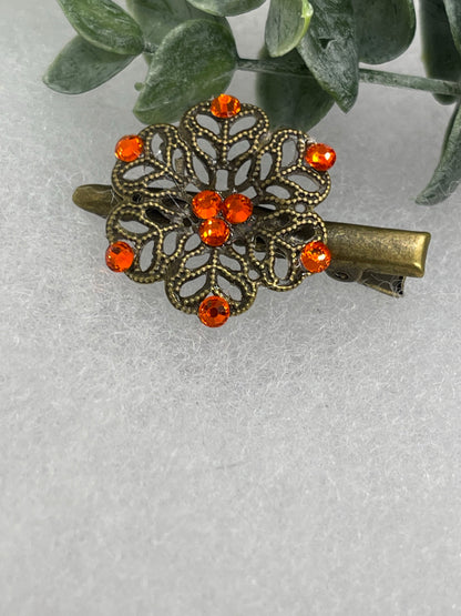 Orange crystal rhinestone flower 2.0”alligator clip Antique vintage style bridal Wedding shower sweet 16 birthday princess bridesmaid hair accessory