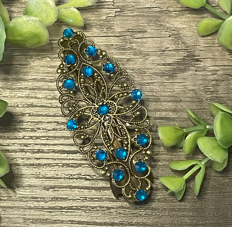 Sapphire teal crystal barrette Vintage Style 3.5”antique tone Metal bridal wedding shower birthday princess prom