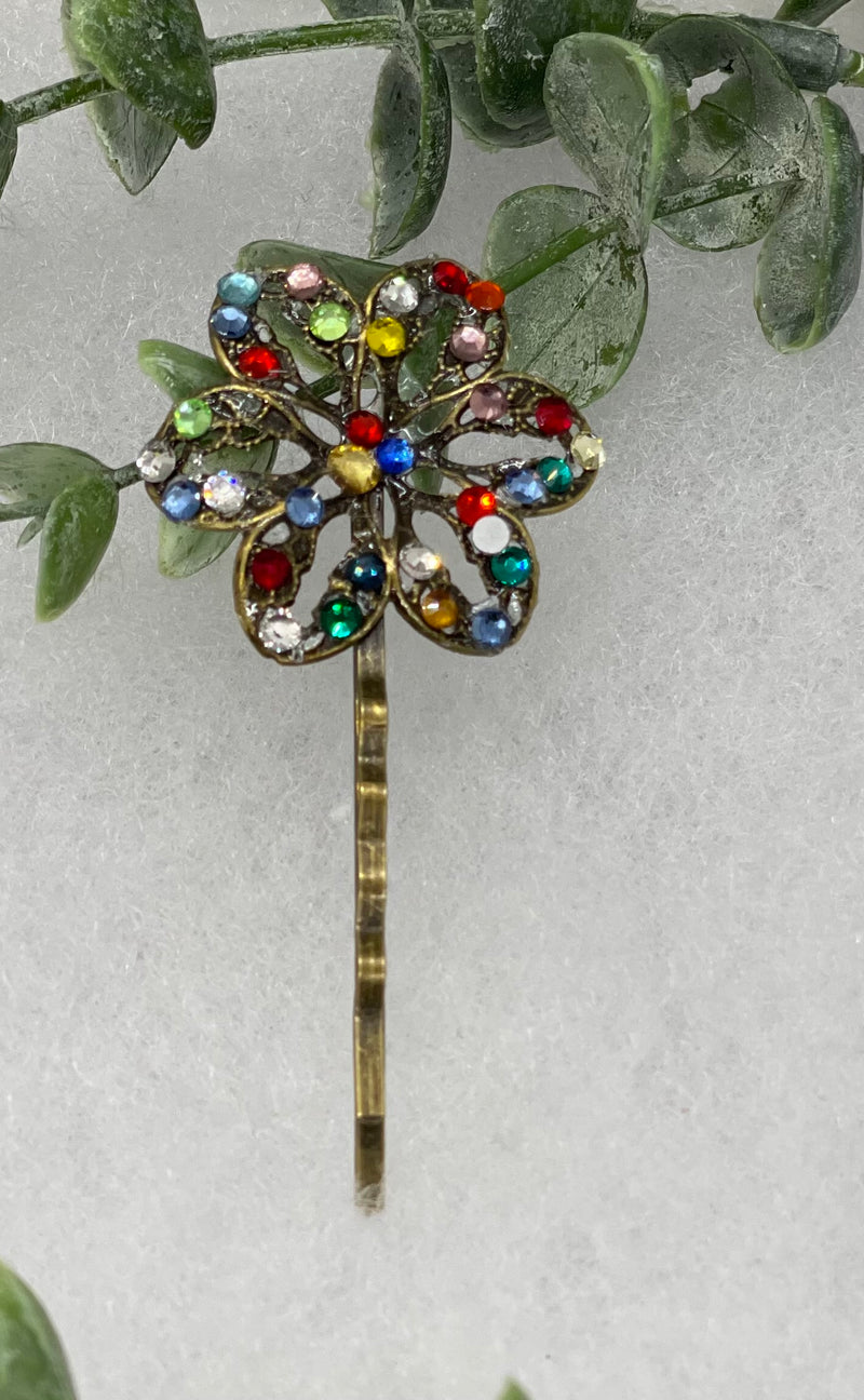 Rainbow crystal Antique vintage Style approximately 3.0” flower hair pin wedding engagement bride princess formal hair accessory