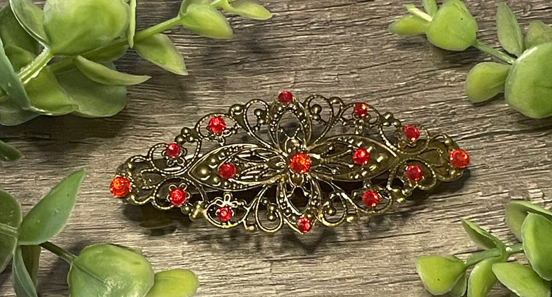 Ruby Red Crystal antique style hair barrette clip approximately 3.5” long Handmade hair accessory bridal wedding