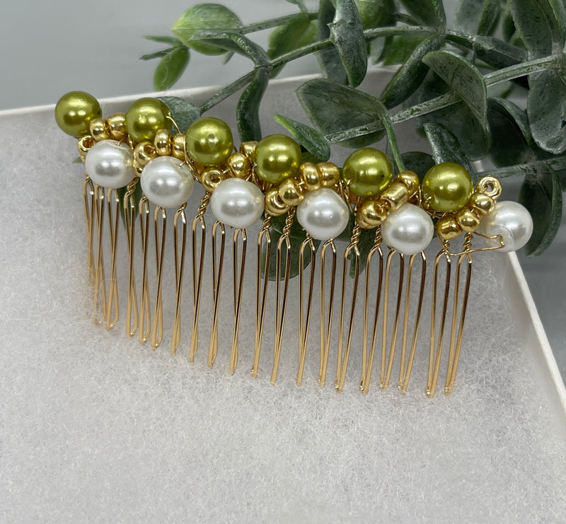 Olive green  gold beaded side Comb 3.5” gold Metal hair Accessories bridesmaid birthday princess wedding gift handmade accessories