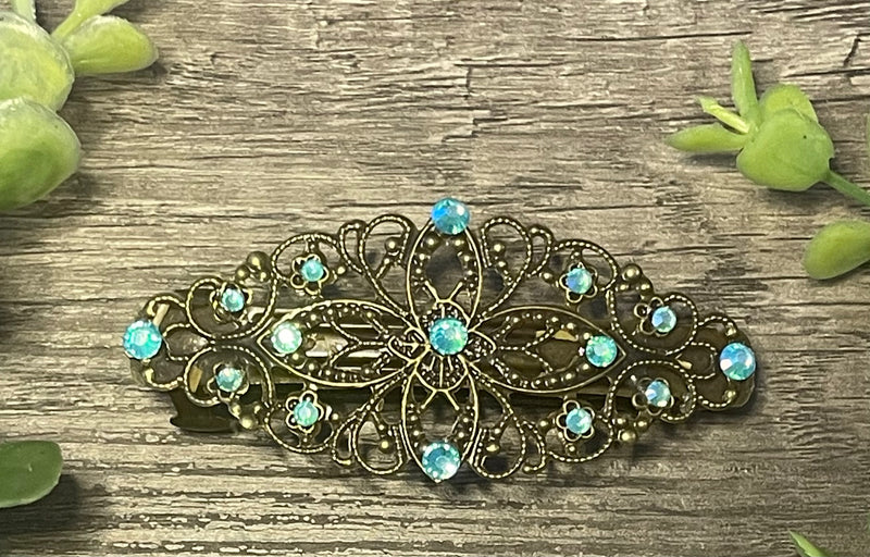 Aqua crystal barrette Vintage Style 3.5”antique tone Metal bridal wedding shower birthday princess prom gift accessories