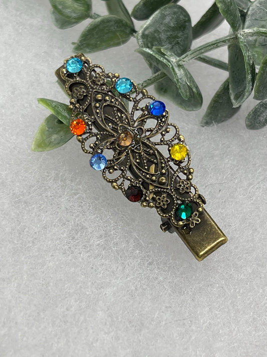 Rainbow Crystal vintage antique style leaf  hair alligator clip approximately 2.5” long  Handmade hair accessory bridal wedding Retro