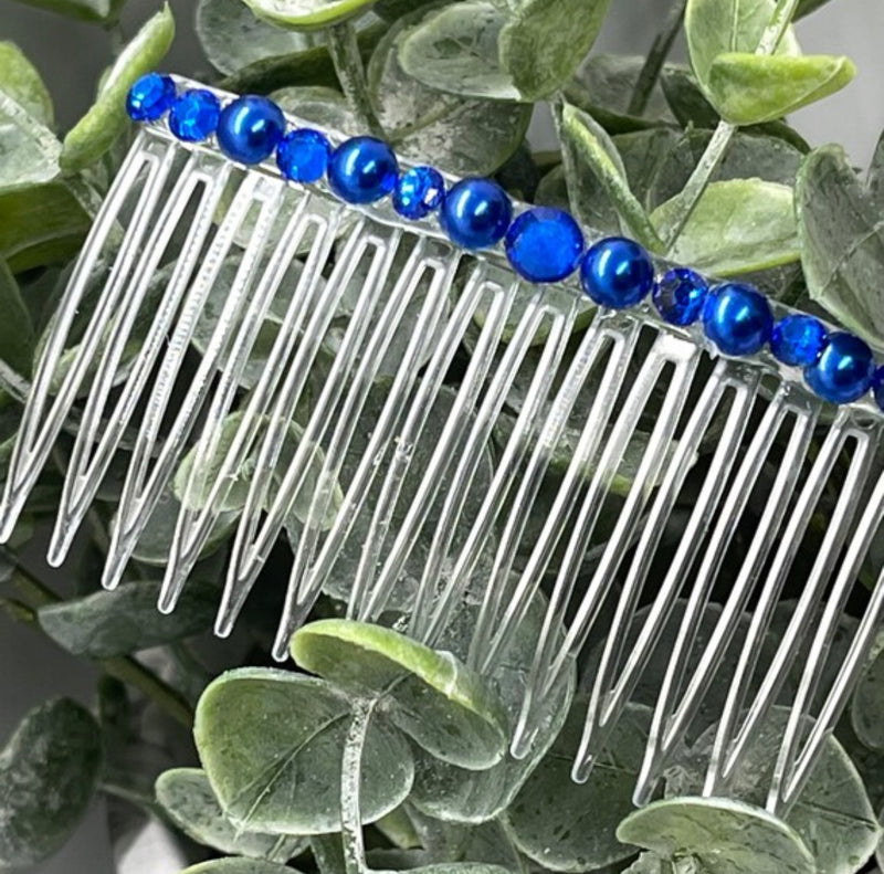 Royal blue faux Pearl crystal side comb approximately 3.5” long plastic hair accessory bridal wedding Retro