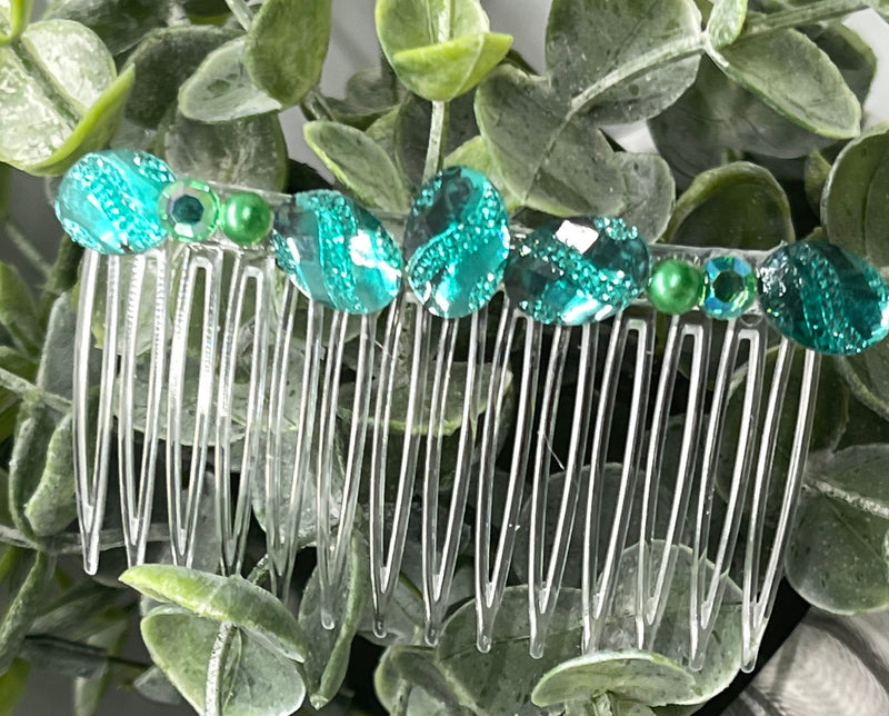 Green faux Rhinestone hair comb accessory side Comb 3.5” clear plastic side Comb