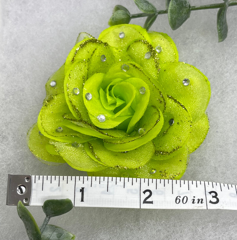 Lime green Rose flower crystal rhinestone embellished alligator clip approximately 3.0” formal hair accessory wedding