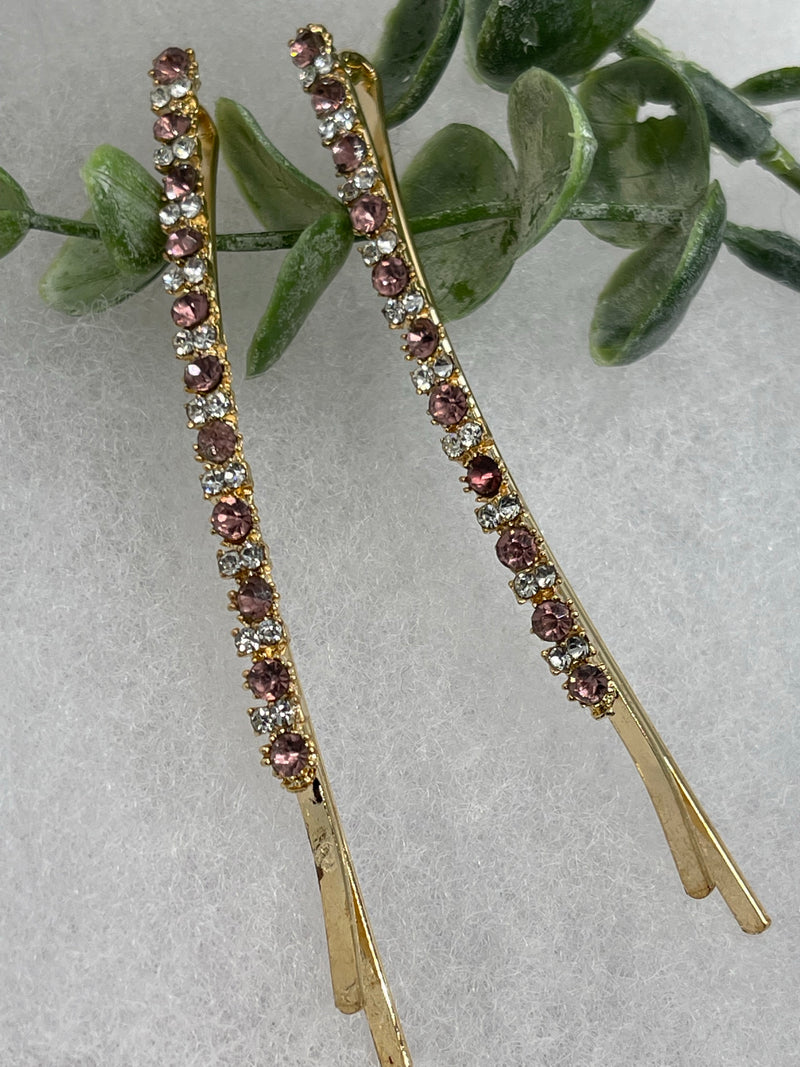 Mauve crystal rhinestone approximately 3.5” large gold tone hair pins 2 pc set wedding bridal shower engagement formal princess accessory accessories