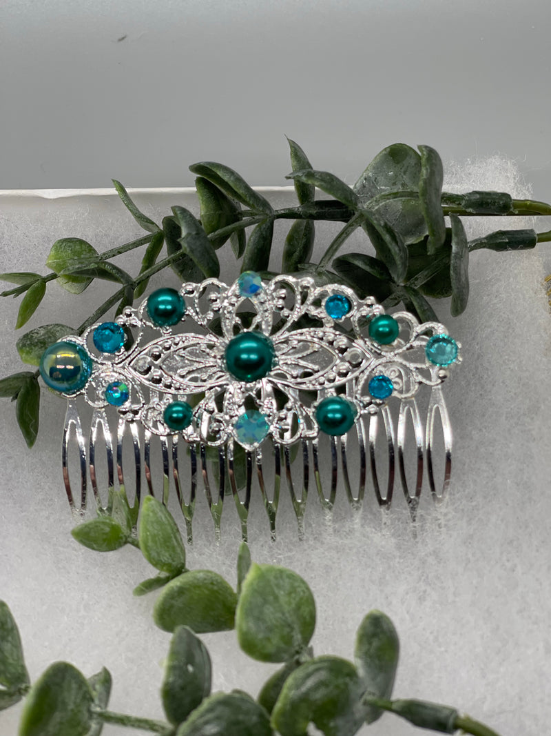 Teal Pearl crystal Antique vintage Style silver crystal 3.5 side Comb wedding engagement bride princess formal hair accessory