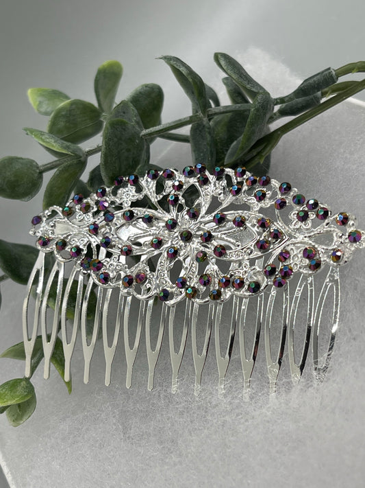 Blue flame crystal rhinestone 3.5”silver side comb Antique vintage style bridal Wedding shower sweet 16 birthday princess bridesmaid hair accessory