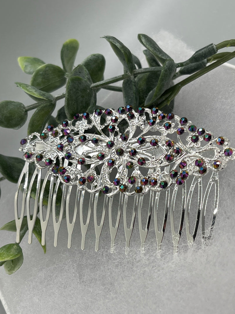 Blue flame crystal rhinestone 3.5”silver side comb Antique vintage style bridal Wedding shower sweet 16 birthday princess bridesmaid hair accessory