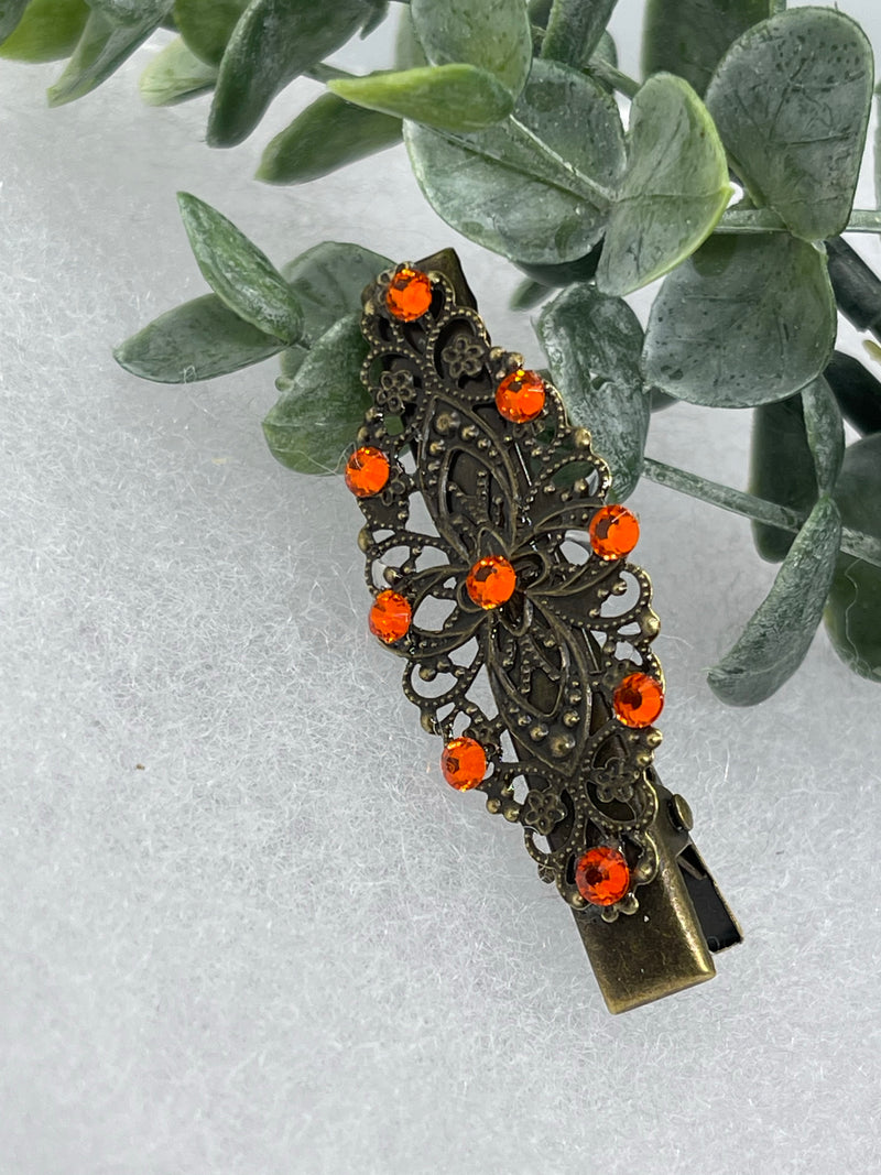 Orange crystal rhinestone 2.5” alligator clip  Antique vintage style bridal Wedding shower sweet 16 birthday princess bridesmaid hair accessory