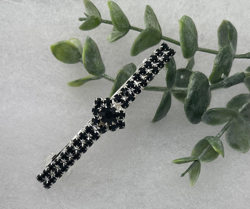 Black Clear  Crystal Rhinestone Barrette approximately 3.0”Metal silver   tone formal hair accessory gift wedding bridal shower accessories