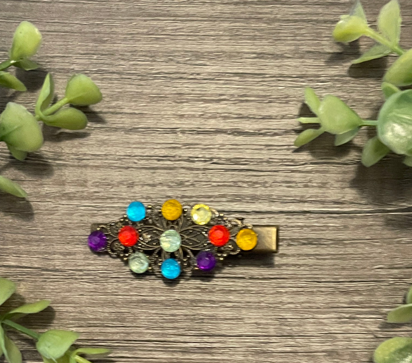 Rainbow faux Crystal vintage antique style leaf hair alligator clip approximately 2.5” long  Handmade hair accessory bridal wedding Retro Bridal Party Prom Birthday gifts