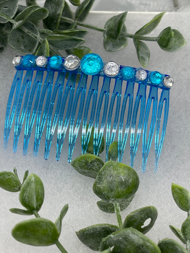 Teal faux crystal side comb 3.0” blue  plastic hair accessory bridal wedding Retro Bridal Party Prom Birthday gifts