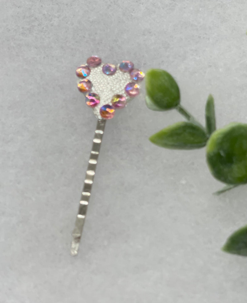 Pink iridescent heart crystal rhinestone silver 2.5” hair pin hair accessories gift birthday