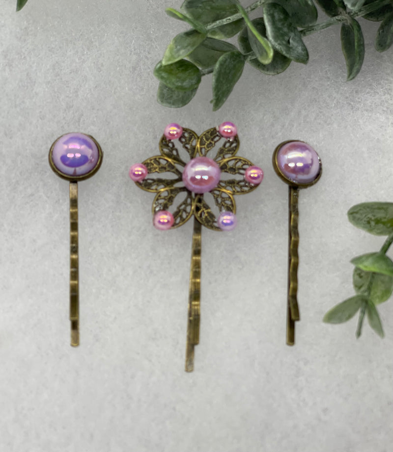 Pink purple faux  pearl 3 pc set Antique vintage Style approximately 3.0” flower hair pin wedding engagement bride princess formal hair accessories