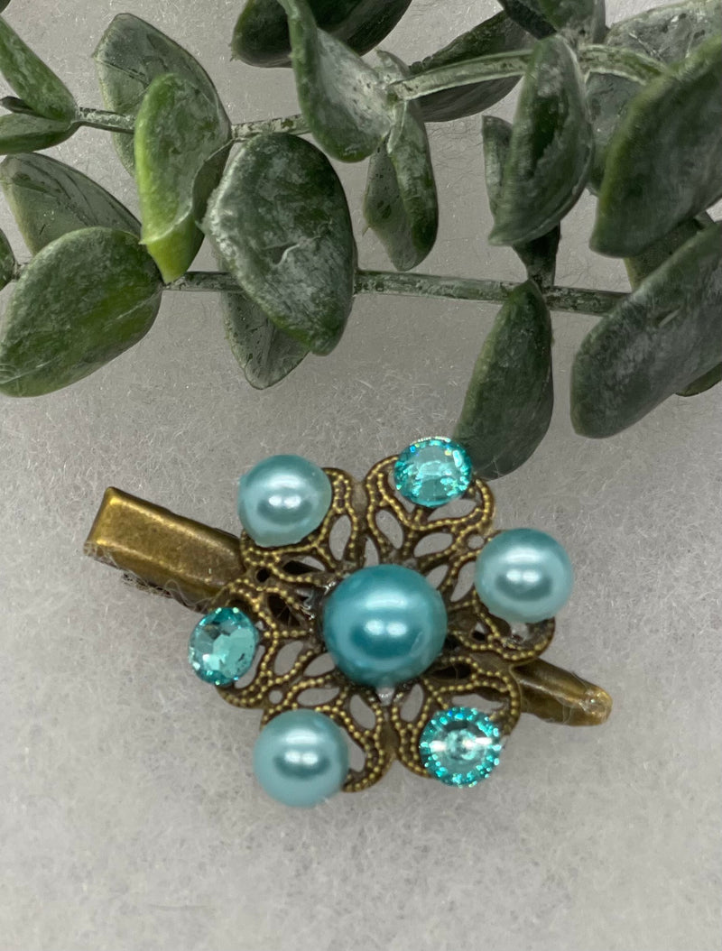 Blue teal Crystal faux pearl vintage antique style flower hair alligator clip 2.0” Handmade hair accessory bridal wedding