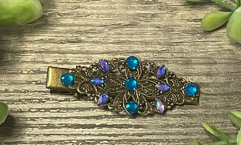 Teal blue crystal antique 2.5” alligator clip hair accessories bridesmaid wedding formal jewelry accessories