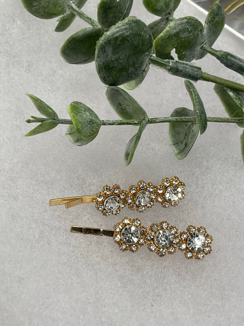 Clear crystal rhinestone approximately 2.0” gold tone hair pins 2 pc set wedding bridal shower engagement formal princess accessory accessories