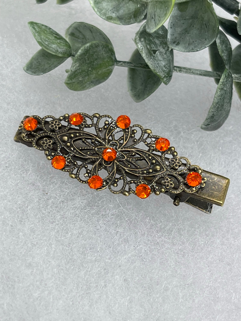 Orange crystal rhinestone 2.5” alligator clip  Antique vintage style bridal Wedding shower sweet 16 birthday princess bridesmaid hair accessory