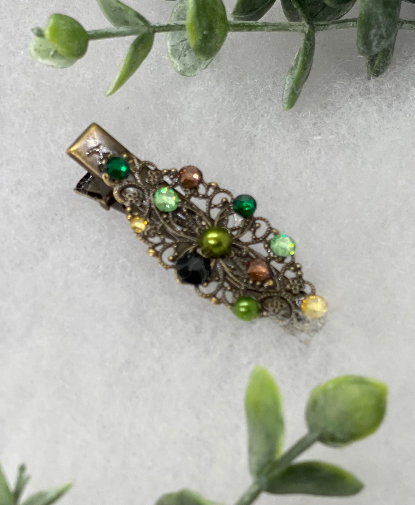 Camouflage  Pearl Crystal vintage antique style leaf hair alligator clip approximately 2.5” long Handmade hair accessory bridal wedding #356