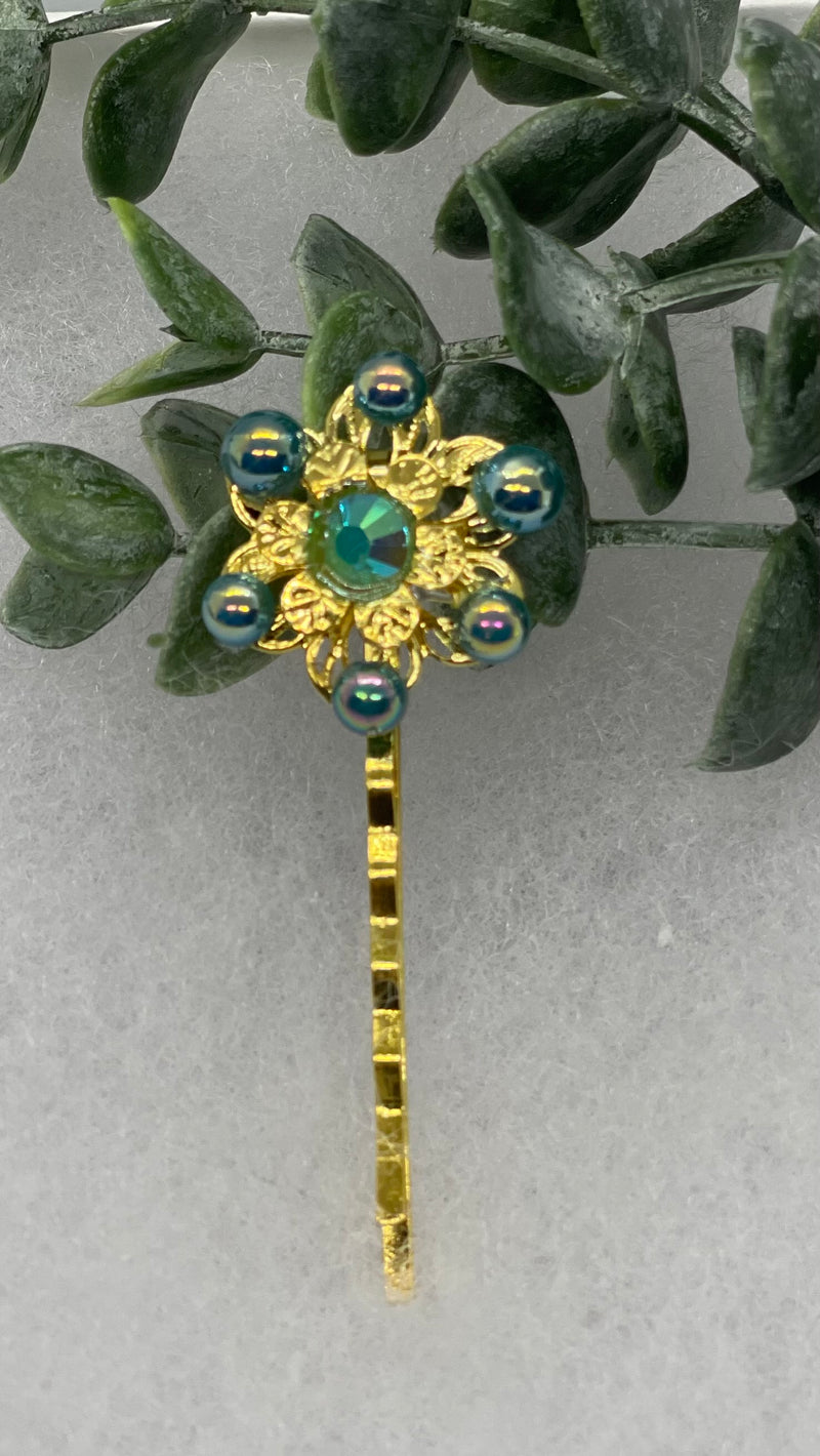 iridescent Teal crystal Gold Antique vintage Style approximately 3.0” flower hair pin wedding engagement bride princess