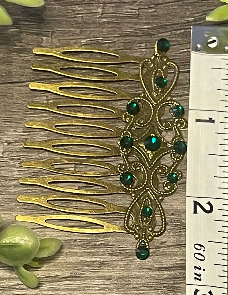 Emerald green Vintage Style Crystal Rhinestone 2.5” antique tone Metal side Comb bridal accessories