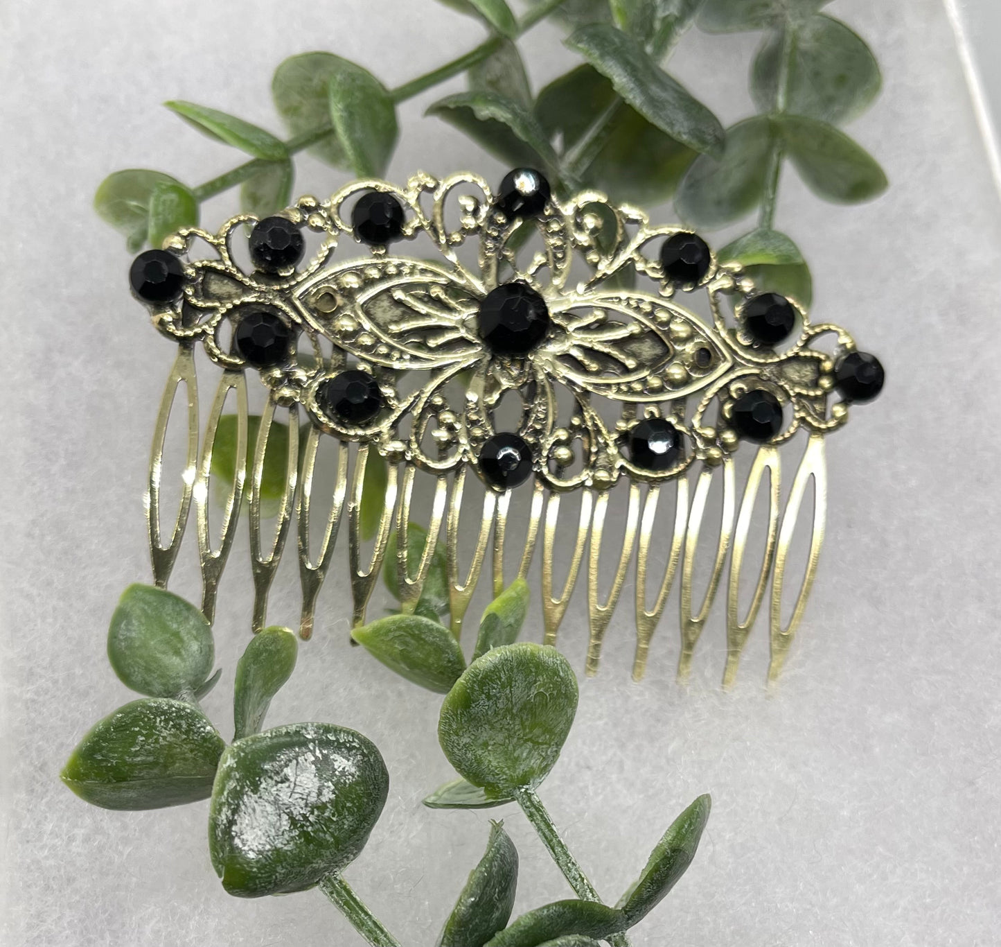 Black iridescent pearl Vintage Style Crystal Rhinestone 3.5” antique tone Metal side Comb bridal accessories
