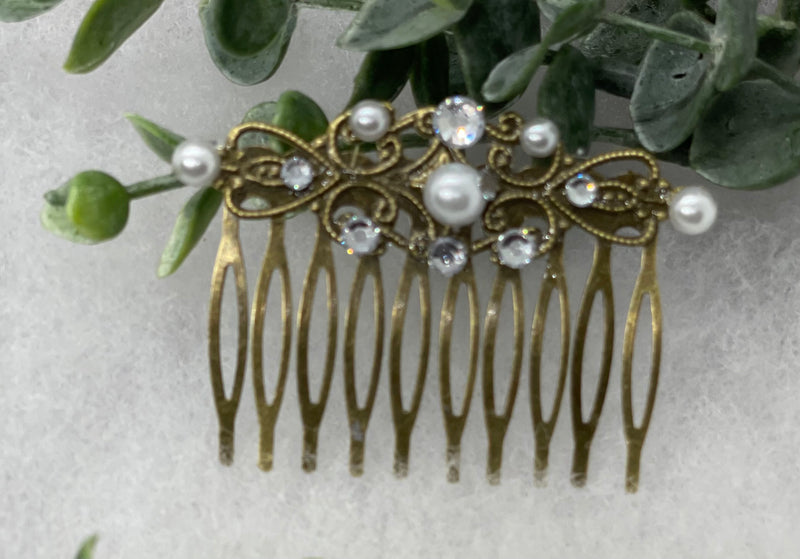 White crystal rhinestone pearl vintage style antique hair accessories gift birthday event formal bridesmaid  2.5” Metal side Comb