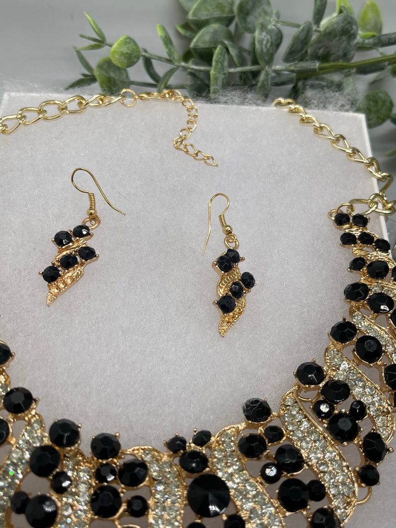 Black gold crystal rhinestone necklace earrings set wedding engagement formal accessory