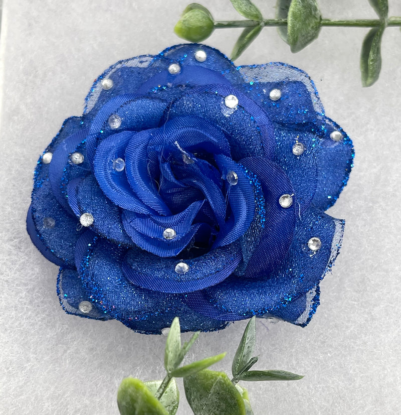 Blue Rose flower crystal rhinestone embellished alligator clip approximately 3.0” formal hair accessory wedding bridal