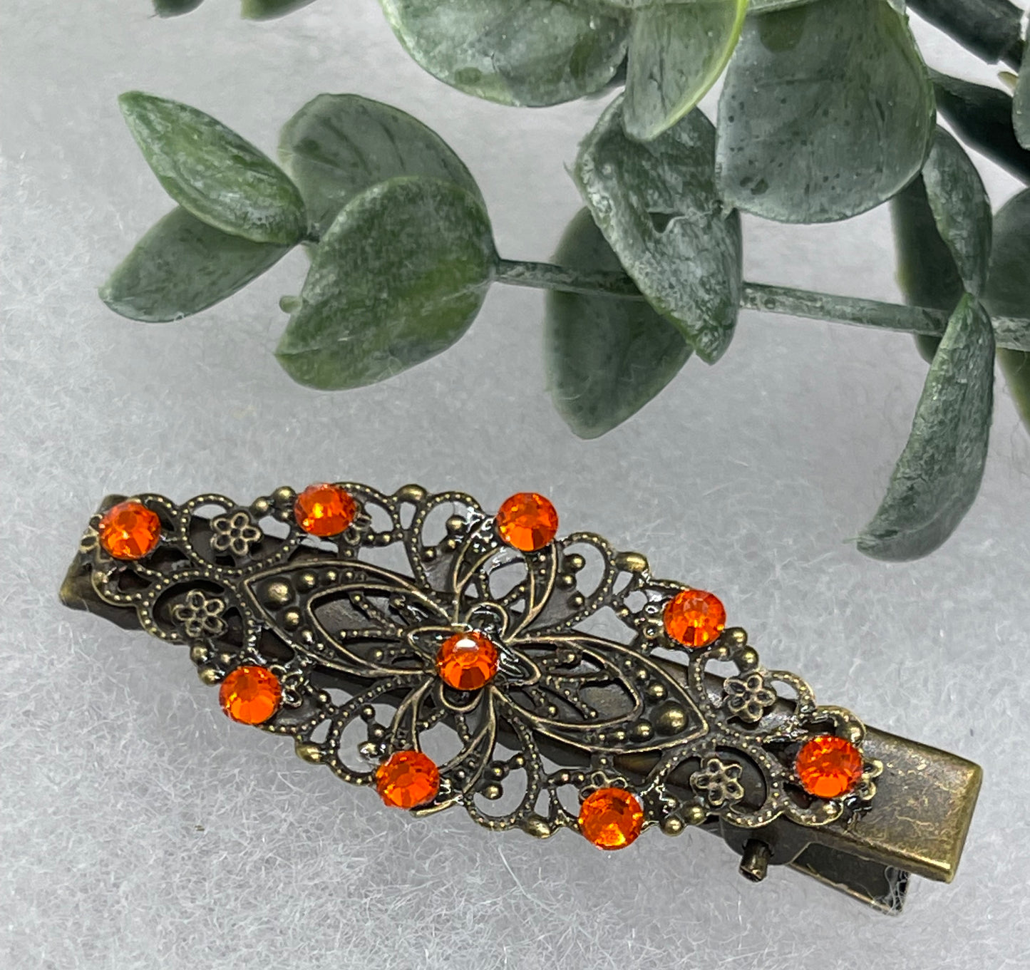 Orange Crystal vintage antique style leaf hair alligator clip approximately 2.5” long Handmade hair accessory bridal wedding Retro