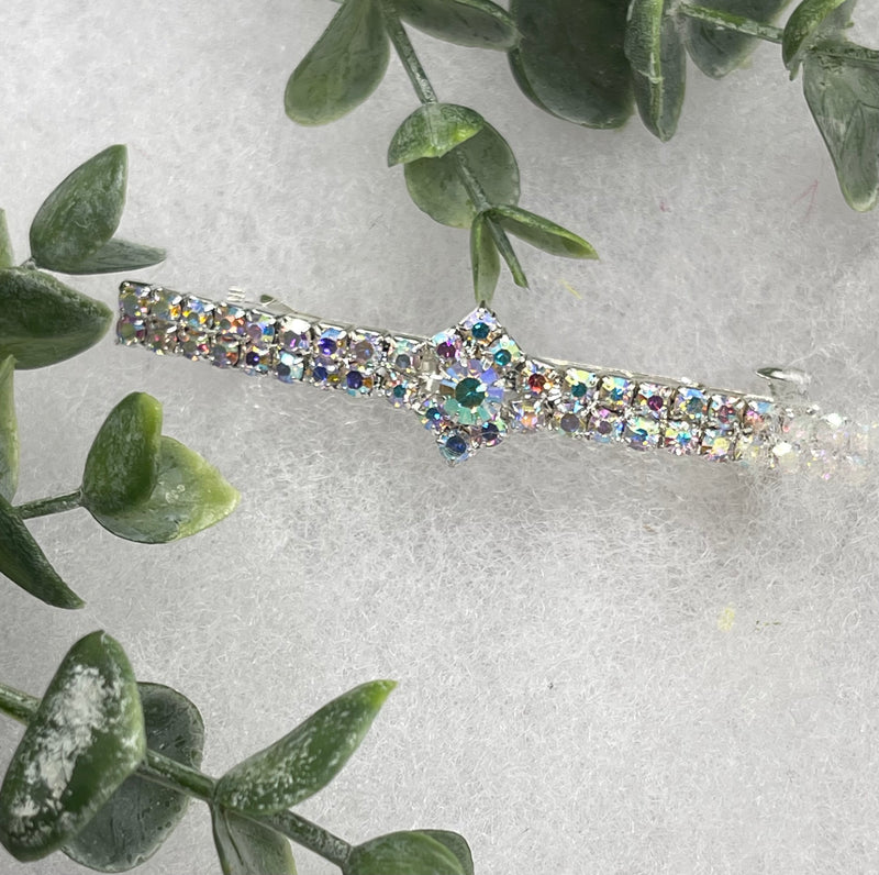 Iridescent Crystal Rhinestone  barrette approximately 3.0” silver tone formal hair accessory gift wedding bridal Hair accessory