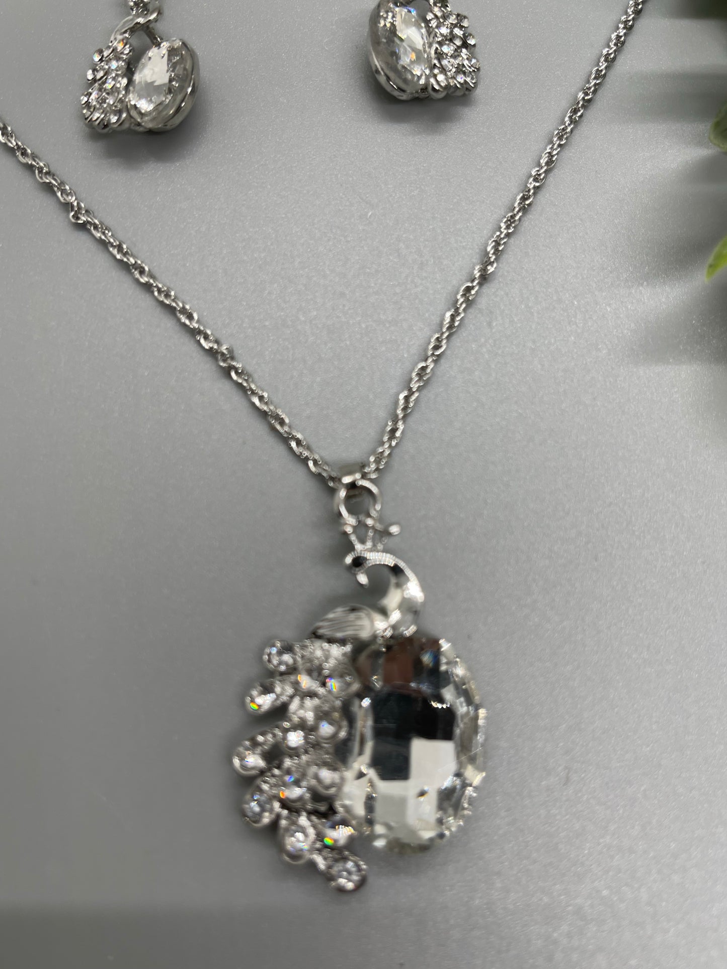 Crystal rhinestone peacock silver necklace earrings  set bridesmaid gifts mother of the bride groom princess birthday gifts