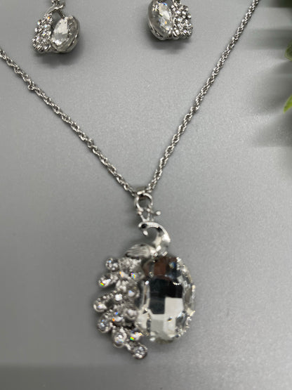 Crystal rhinestone peacock silver necklace earrings  set bridesmaid gifts mother of the bride groom princess birthday gifts