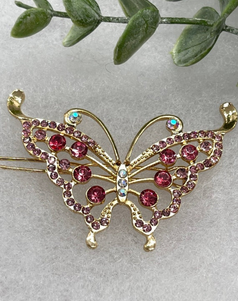 Pink gold butterfly Crystal Rhinestone Barrette approximately 3.5”Metal gold tone formal hair accessory